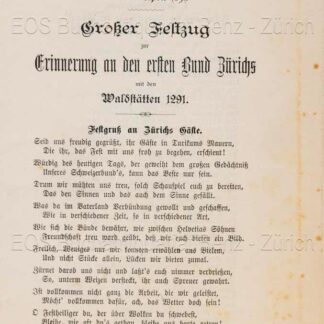 - Sechseläuten in Zürich den 20. April 1891. Grosser Festzug zur Erinnerung an den ersten Bund Zürichs mit den Waldstätten 1291. Festgruss an Zürichs Gäste.